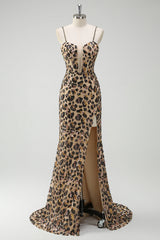 Sparkly Kahki Leopard Mermaid Sequins Long Corset Prom Dress with Slit
