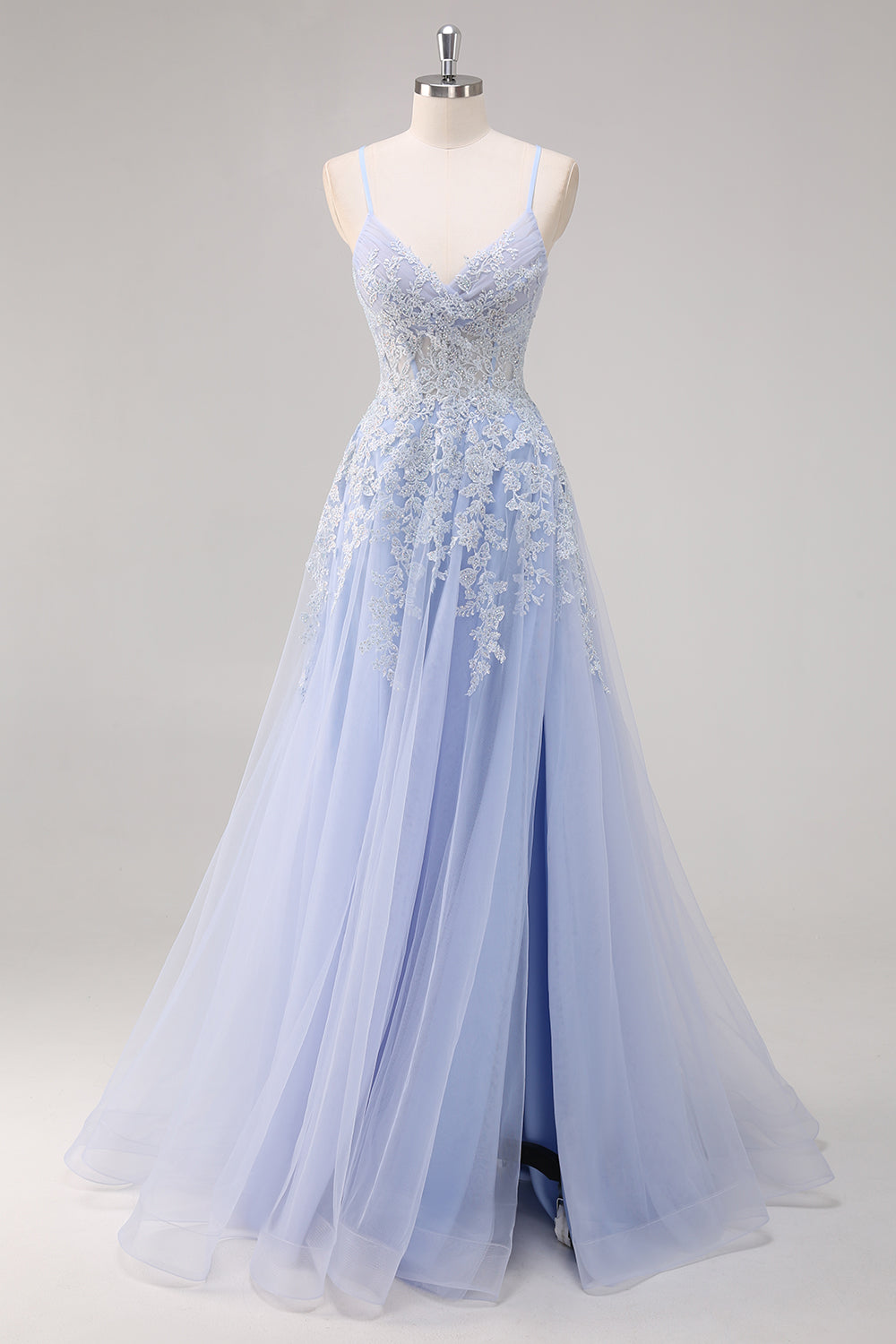 Lavender A Line Spaghetti Straps Tulle Beaded Long Prom Dress with Slit
