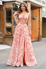 Pink Floral A-Line Off The Shoulder Long Prom Dress with Slit