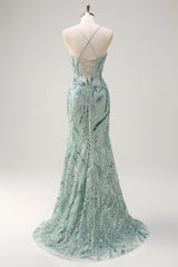 Sparkly Sage Mermaid Sequined Beaded Spaghetti Straps Long Prom Dress