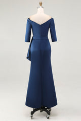 Navy Off the Shoulder Mermaid Long Mother of The Bride Dress with Sleeves