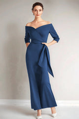 Navy Off the Shoulder Mermaid Long Mother of The Bride Dress with Sleeves