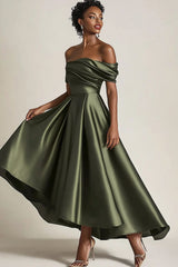 Olive Ruched Satin A-Line Off the Shoulder Midi Mother of the Bride Dress