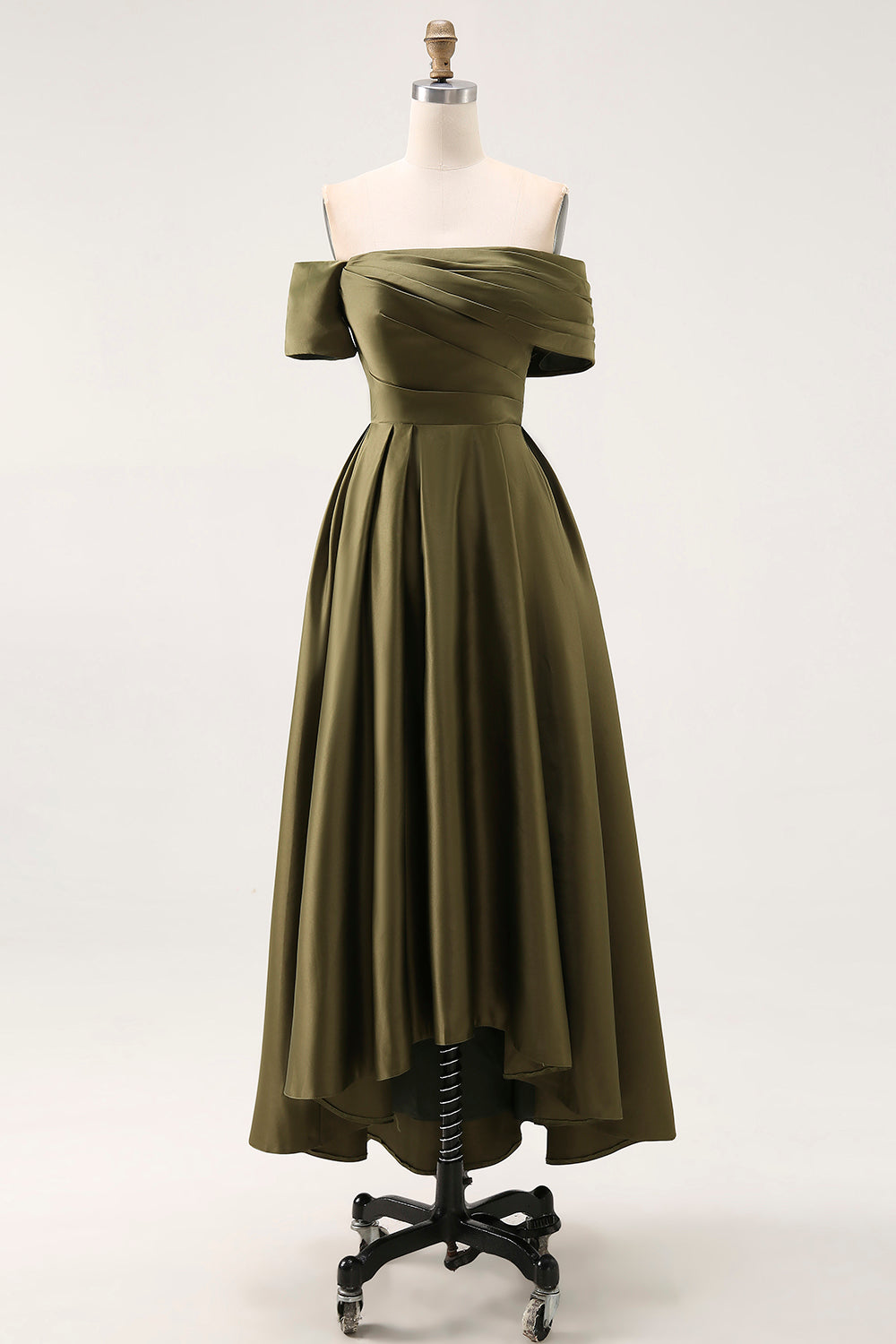 Olive Ruched Satin A-Line Off the Shoulder Midi Mother of the Bride Dress