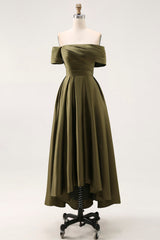 Olive Ruched Satin A-Line Off the Shoulder Midi Mother of the Bride Dress
