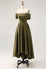 Olive Ruched Satin A-Line Off the Shoulder Midi Mother of the Bride Dress