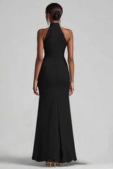 Black Mermaid Halter Neck Ruffled Long Formal Dress with Slit