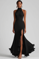 Black Mermaid Halter Neck Ruffled Long Formal Dress with Slit