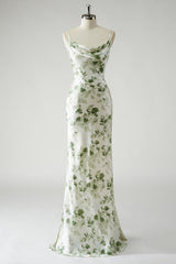 Floral Green Spaghetti Straps Mermaid Long Bridesmaid Dress with Slit