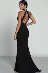Black Mermaid Halter Neck Satin Long Formal Dress