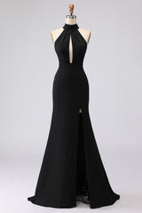 Black Mermaid Halter Neck Satin Long Formal Dress