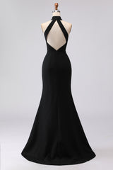 Black Mermaid Halter Neck Satin Long Formal Dress