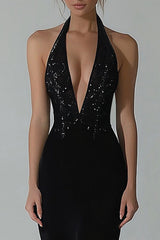 Sparkly Black Halter Mermaid Long Formal Dress with Slit