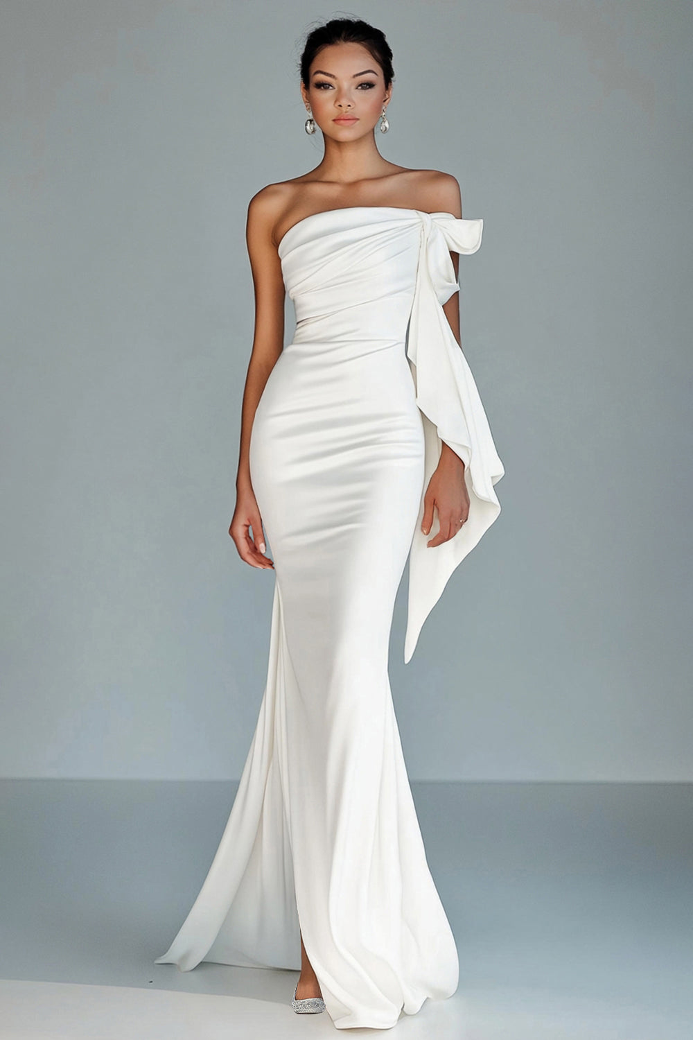 White Strapless Mermaid Long Formal Dress with Ruffles