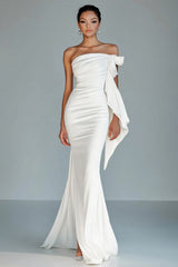 White Strapless Mermaid Long Formal Dress with Ruffles