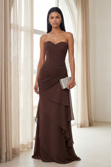 Dark Brown Sweetheart Ruched Long Formal Dress with Ruffles