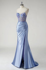 Sparkly Mermaid Blue Satin Corset Prom Dress with Slit