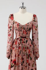 Dusty Rose Floral A Line Corset Long Sleeves Wedding Guest Dress with Slit