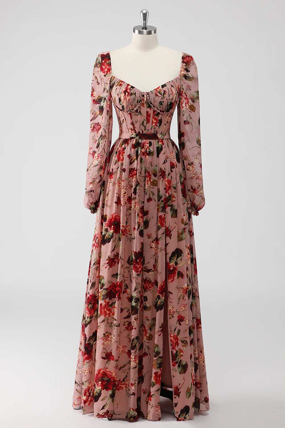 Dusty Rose Floral A Line Corset Long Sleeves Wedding Guest Dress with Slit