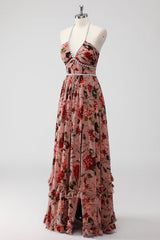 Dusty Rose Halter A Line Long Flowers Wedding Guest Dress with Slit