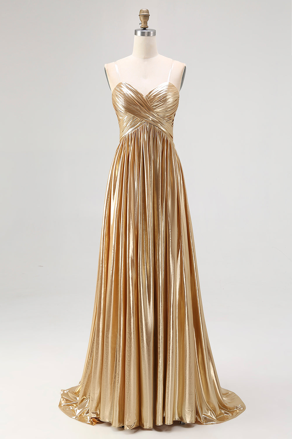 Chic Gold A Line Metallic Spaghetti Straps Pleated Long Prom Dress