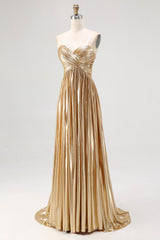 Chic Gold A Line Metallic Spaghetti Straps Pleated Long Prom Dress