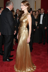 Golden One Shoulder Sheath Metallic Pleated Long Formal Dress