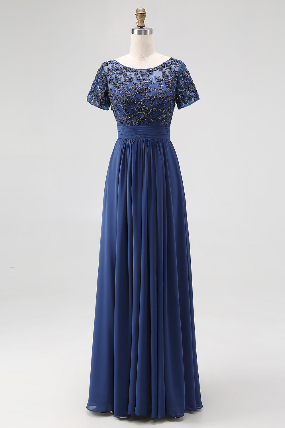 Navy Boat Neck Appliques A-Line Long Mother Of the Bride Dress with Sleeves
