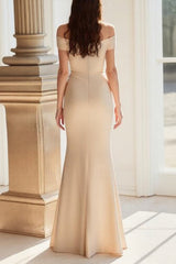 Champagne Off the Shoulder Mermaid Long Mother of the Bride Dress with Appliques