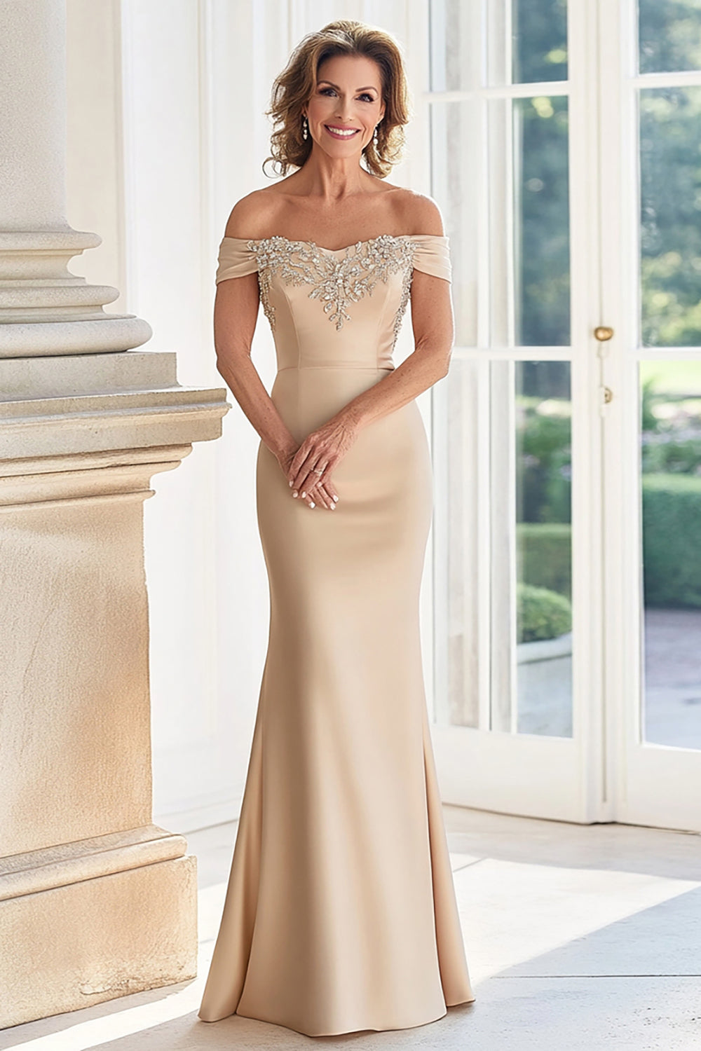 Champagne Off the Shoulder Mermaid Long Mother of the Bride Dress with Appliques