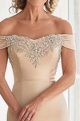 Champagne Off the Shoulder Mermaid Long Mother of the Bride Dress with Appliques