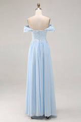 Sky Blue Off the Shoulder Chiffon Sheath Long Mother of the Bride Dress with Appliques