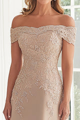 Taupe Off the Shoulder Chiffon Sheath Long Mother of the Bride Dress with Lace