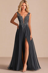 Charcoal A Line Lace V-Neck Long Mother of the Bride Dress with Slit