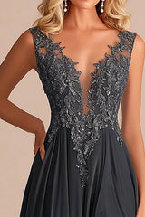 Charcoal A Line Lace V-Neck Long Mother of the Bride Dress with Slit