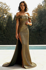 Gold Off The Shoulder Sheath Metallic Satin Prom Dress With Slit