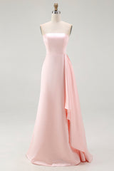 Pink Satin Strapless Mermaid Long Formal Dress with Side Cape