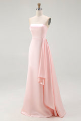 Pink Satin Strapless Mermaid Long Formal Dress with Side Cape