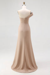 Light Khaki Jersey One Shoulder Sheath Long Pleated Gala Dress