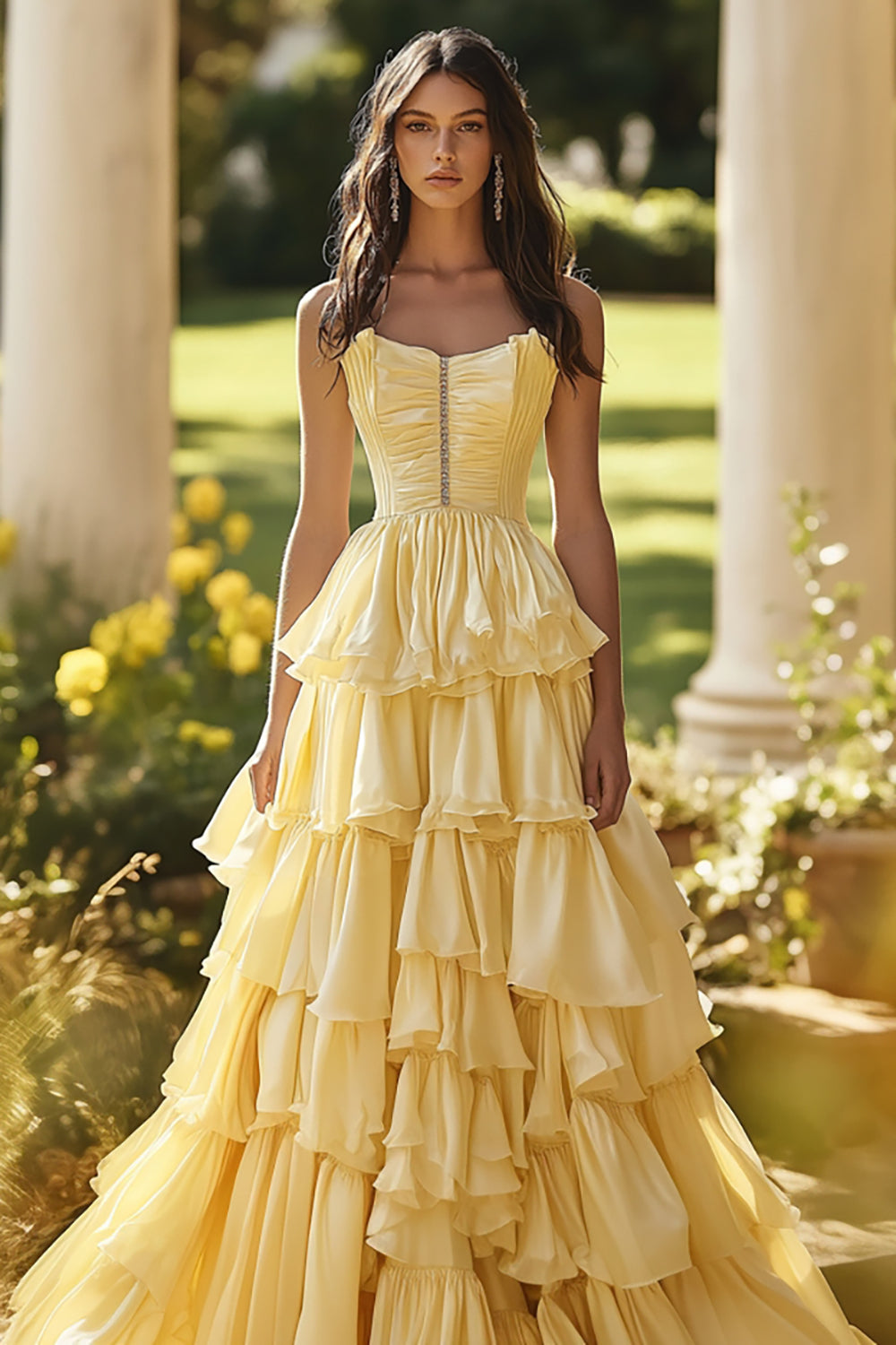 A Line Light Yellow Tiered Strapless Long Prom Dress