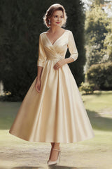 Champagne A Line Satin Half Sleeves Long Mother of the Bride Dress