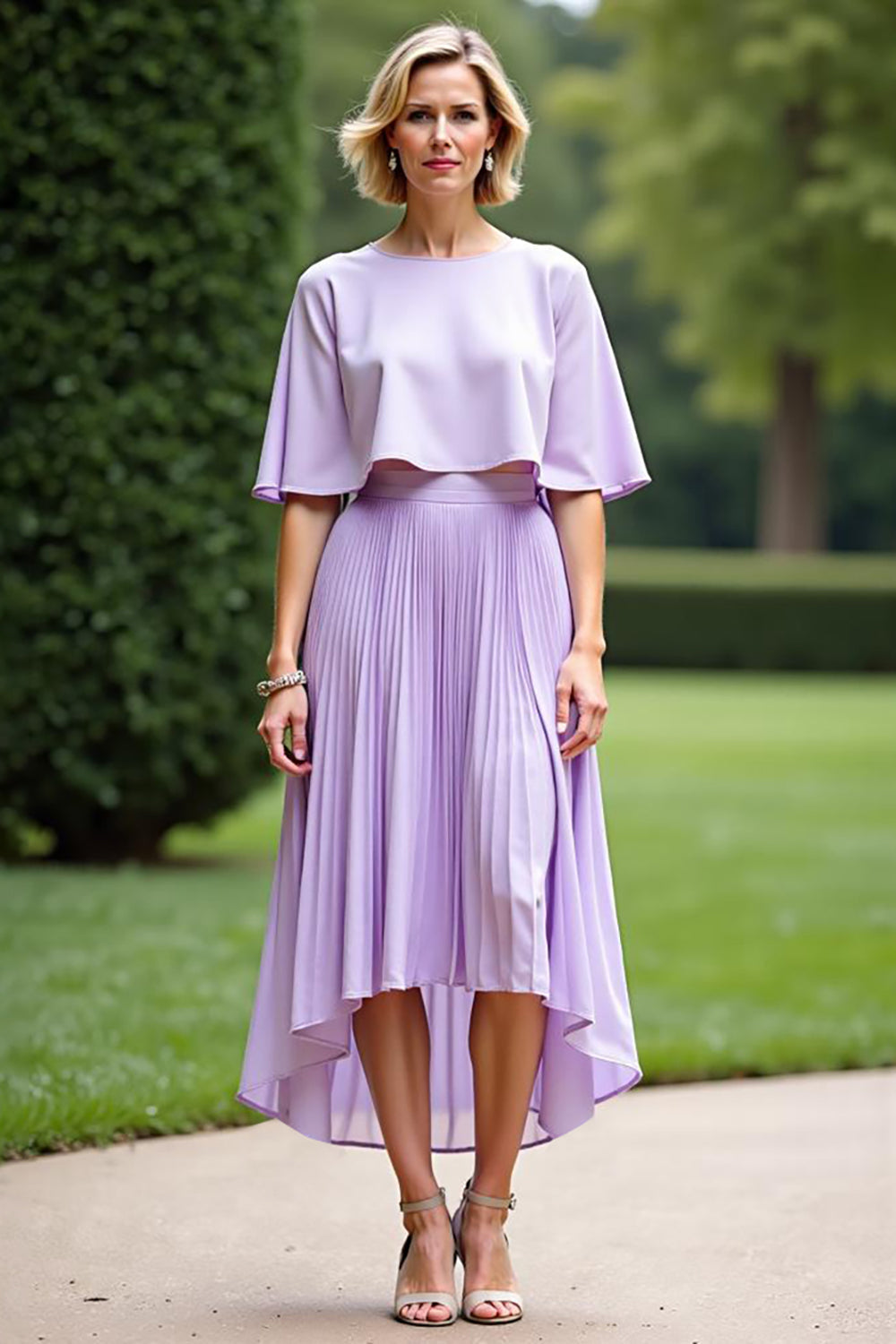 Lilac Cape Pleated Tea Length Mother of the Bride Dress