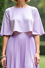 Lilac Cape Pleated Tea Length Mother of the Bride Dress