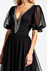 Black Long Chiffon Beaded Mother of the Bride Dress with Puff Sheer Sleeves