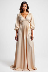 A Line Champagne V-Neck Ruched Long Mother of the Bride Dress