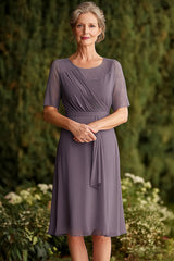 Dusk Chiffon Knee Length Mother of the Bride Dress with Short Sleeves