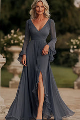 A Line Dark Grey Long Chiffon Mother of the Bride Dress with Slit