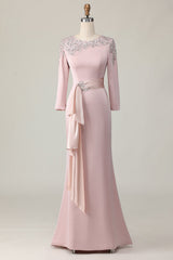 Blush Lace Sheath Mother Of The Bride Dress with Long Sleeves
