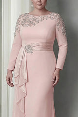 Plus Size Blush Sheath Lace Long Mother Of The Bride Dress with Sleeves