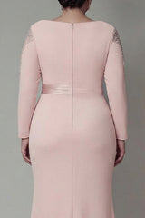 Plus Size Blush Sheath Lace Long Mother Of The Bride Dress with Sleeves